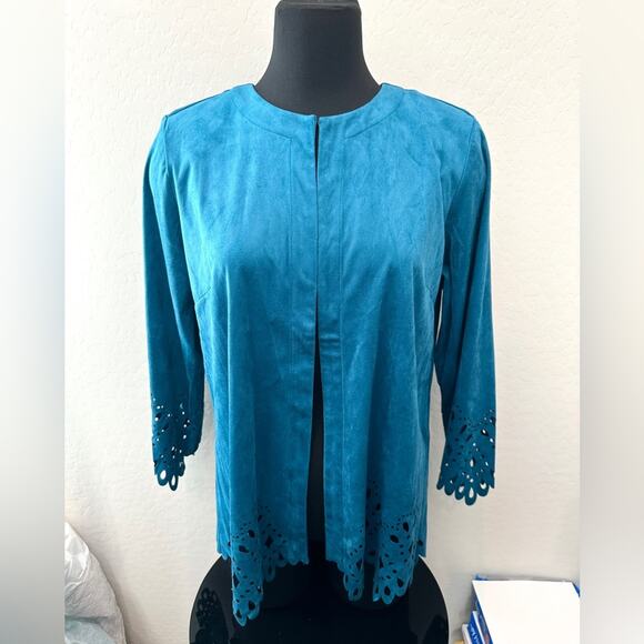 BOB MACKIE Teal Blue Open Front Jacket Laser Cut Hem & Sleeves NWT | Size Medium - Picture 3 of 9